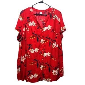 Old Navy Red Floral Printed No-Peek Banded-Collar Blouse Top Tunic Plus Size 2X